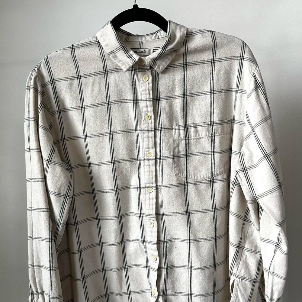 MADEWELL COTTON PLAID FLANNEL BUTTON UP SHIRT LONG SLEEVE in Cream/Green Size-L - Picture 5 of 8